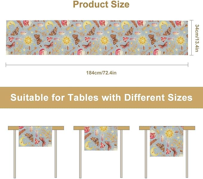 Boho Sun Moon Table Runner Mystical Rustic Butterfly Mushroom Star Table Runner for Kitchen Living Room Dinner Holiday 13x70 Inch