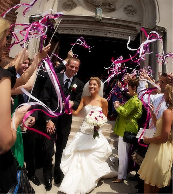 100PCS Ribbon Stick Wands Wedding Streamers with Silk Fairy Stick Wand for Wedding Party Baby Shower Send Off Party Activities Holiday Celebration Favors (White-100PCS)