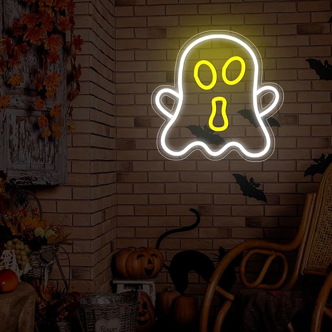 Halloween White Ghost Neon Sign Halloween, USB Halloween Neon LED Light for Wall Decor, White Ghost Halloween Sign Decorations for Home Bar Salon Coffee Stores Porch Front Door