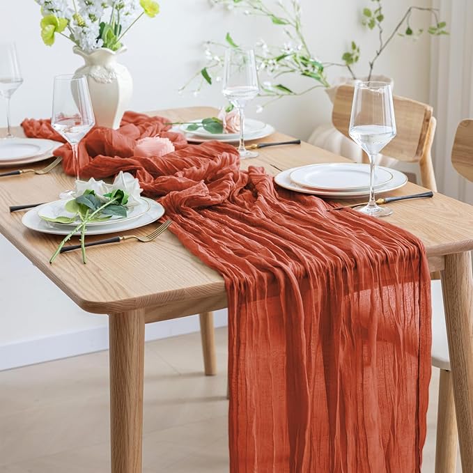 Asee'm Cheesecloth Table Runner 120 Inches Long Terracotta Boho Gauze Cheese Cloth Runner 10FT Rustic Sheer Fall Table Runners for Thanksgiving Christmas Wedding Party Baby Shower Decoration