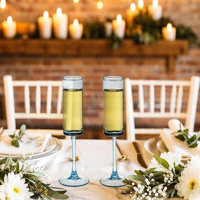 24 Pieces Blue Champagne Flutes 6 OZ Straight Sided Wine Glasses Champagne Long Stem Drinking Colored Glasses,Set of 24 Hand Blown Champagne Flutes Goblets for Wedding Cocktail Cups,Cava, Prosecco