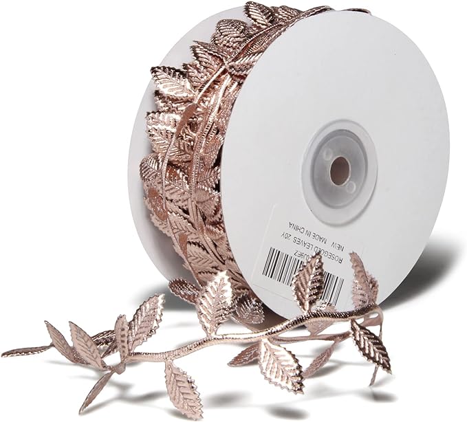 BASOKAN Rose Gold Leaves Ribbon for Wedding Party Home Decorations - 20 Yards - Leaf Trim Rope for Garland and DIY Crafts
