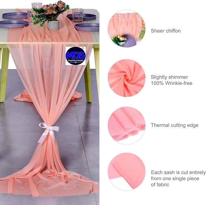 MDS Halloween Chiffon Table Runner - 15 Pack, 29 x 170 Inches, 14ft Each - Sheer Spooky Table Runners for Haunted House Parties, Trick-or-Treat Tables, Witchy Décor, Wedding & Events - Peach