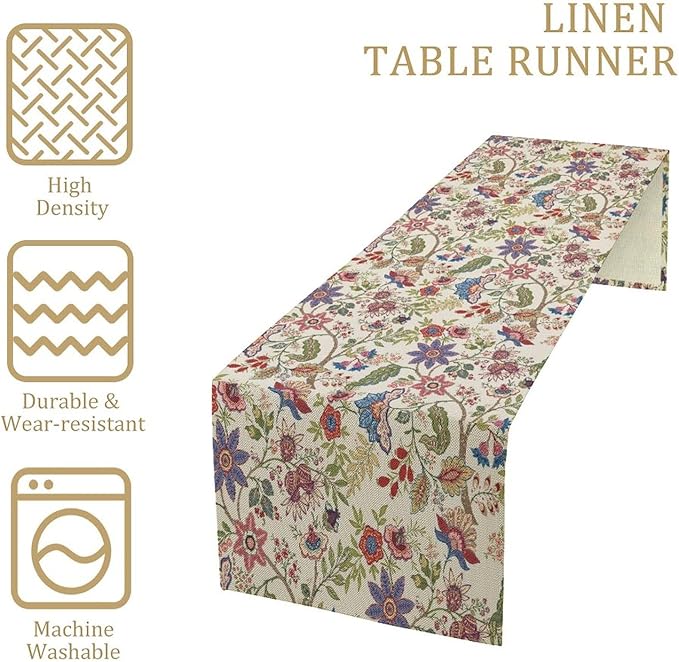 Spring Floral Table Runner, Boho Floral Pattern Natural Plant Table Decoration for Home Kitchen Restaurant Holiday Party,13in（33cm） W * 72in（184cm） L