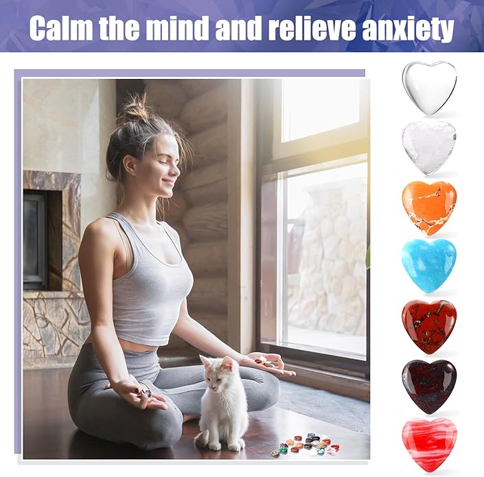 100PCS Worry Stones Heart Shape Healing Crystals, Anxiety Crystal Bulk 0.8 Inch Gem Stones Rocks Crystals Natural Cute Pocket Meditation Heart Beads Wholesale Set Gifts