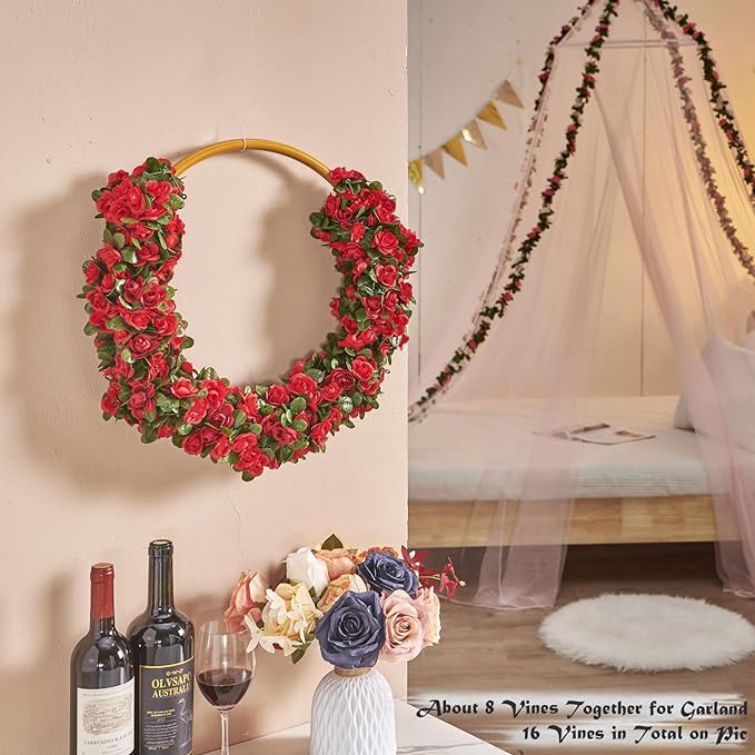 6 Pcs x 8.2 ft Flower Garland Artificial Rose Vine Flowers with Green Leaves Hanging Fake Roses Vine for Room Party Home Wedding Birthday Christmas Wall Arch Decor, Spring Red Flower