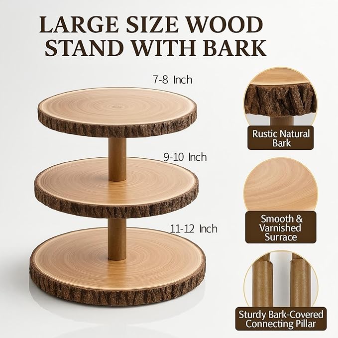 Cupcake Stand Wood Dessert Stands 3 Tier Cupcake Tower Large Cupcake Display Stand Rustic Cupcake Tier Stand for Woodland Baby Shower Decorations,Wedding,Birthday,Party,Farmhouse Decor