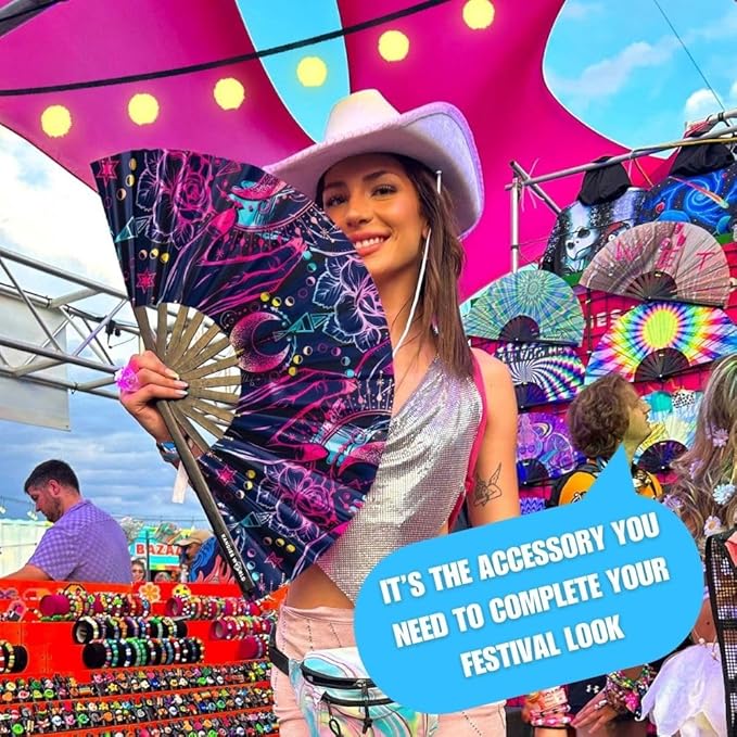 Kandies World UV Reactive Custom Festival Folding Hand Fan - Unique Designs, Made of Bamboo, Clacking Sound, Lightweight - Perfect Rave and Festival Accessory!