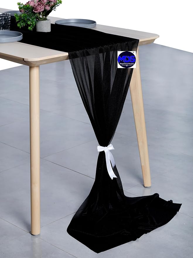 MDS Halloween Chiffon Table Runner - 5 Pack, 29 x 170 Inches, 14ft Each - Sheer Spooky Table Runners for Haunted House Parties, Trick-or-Treat Tables, Witchy Décor, Wedding & Events - Black