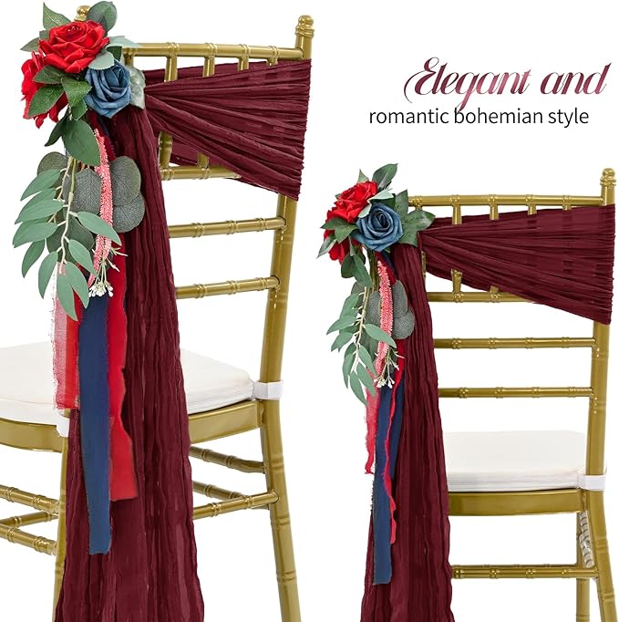 50 PCS Cheesecloth Chair Sashes Bows Wedding Aisle Decorations Chair Ribbon Ties Back Sash for Wedding Party Events Banquet Chair Cover Decoration (Burgundy)
