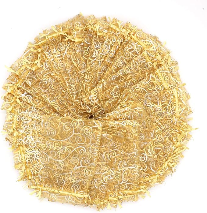 Staruby Organza Gift Bags 100Pcs Gold Sheer Organza Bag 4x6 Inch Mesh Favor Bags Drawstring Jewelry Rattan Printed Gift Pouches for Wedding Party Favors Couple Shower Christmas Gifts Candy Bags