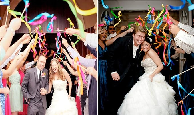 Kingsnow 50 Pack Ribbon Wands Wedding Streamers with Bells, Silk Fairy Stick Wish Wands Party Favors for Wedding Send Off Party Activities Table Holiday Celebration