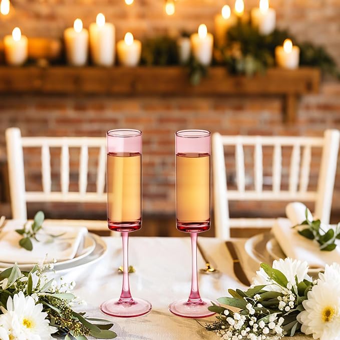 24 Pieces Pink Champagne Flutes 6 OZ Straight Sided Wine Glasses Champagne Long Stem Drinking Colored Glasses,Set of 24 Hand Blown Champagne Flutes Goblets for Wedding Cocktail Cups,Cava, Prosecco