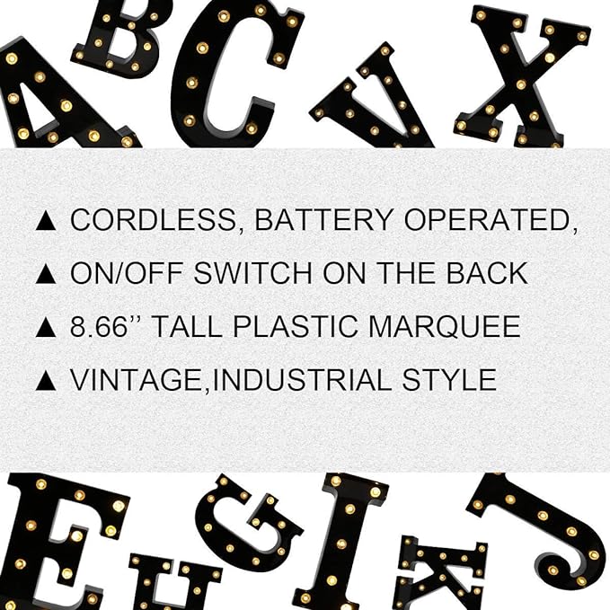 Light Up Black Alphabet Marquee Letters Sign LED Marquee Number Lights Sign for Night Light Home Bar Christmas Lamp Birthday Party Wedding Decoration H