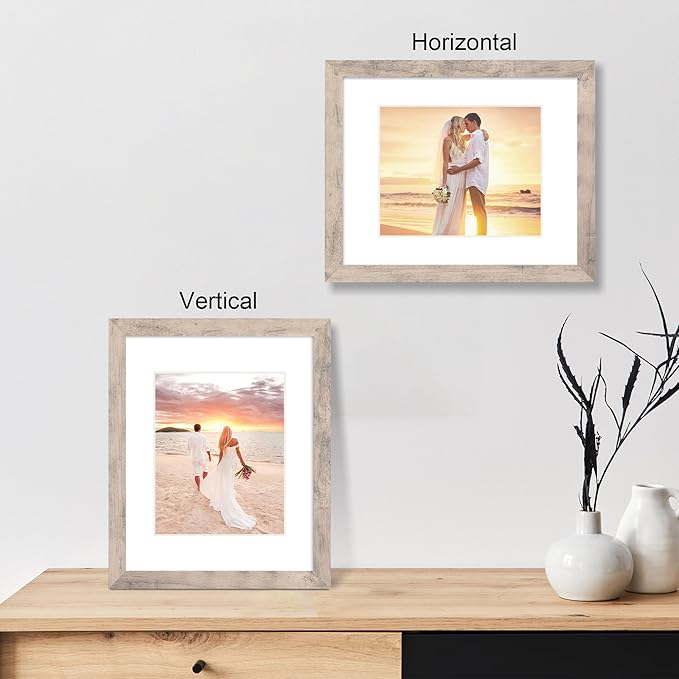 11x14 Picture Frame Set of 4 with Tempered Glass, Smoke Gray Frame Display 8x10 Pictures with Mat or 11 x 14 Without Mat, Wood Rustic Photo Frames for Horizontal or Vertical Wall Mounting