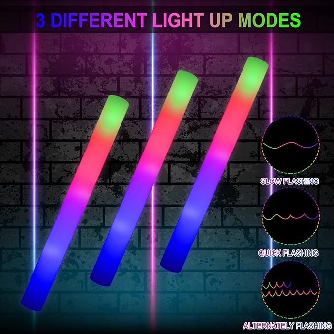 LifBetter Light Up Glow Sticks Bulk, LED Foam Sticks 112 pcs Glow in The Dark with 3 Modes Flashing Led Foam Multicolor Batons Light up Party Favors for Birthdays, Weddings, Concerts, Festivals