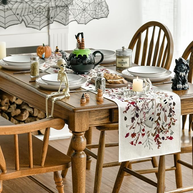 Artoid Mode Ghost Flowers Leaves 210 GSM Halloween Table Runner,Seasonal Fall Kitchen Dining Table Decoration for Home Party Decor 13x48 Inch