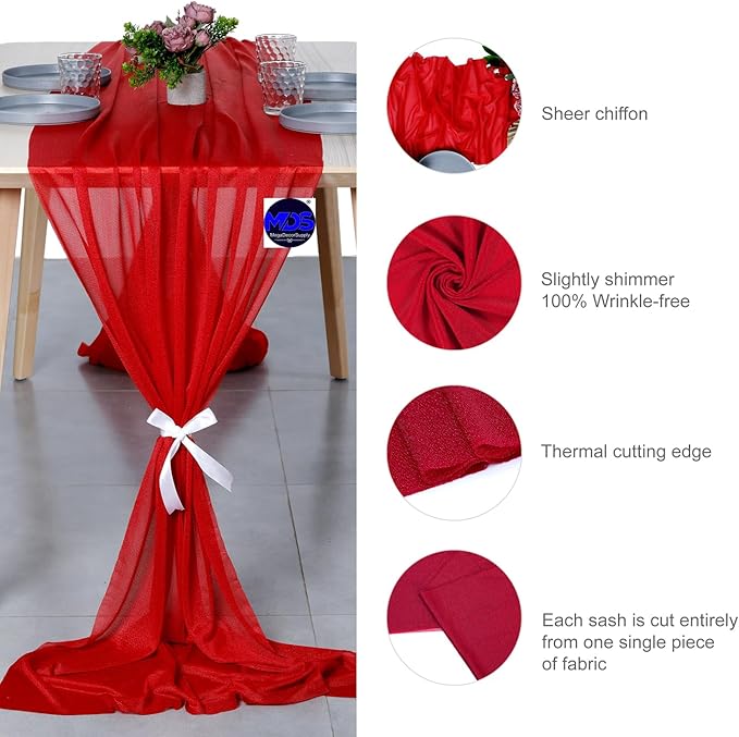 MDS Halloween Chiffon Table Runner - 15 Pack, 29 x 120 Inches, 10ft Each - Sheer Spooky Table Runners for Haunted House Parties, Trick-or-Treat Tables, Witchy Décor, Wedding & Events - Red