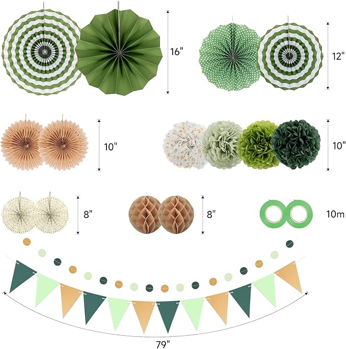 Green Party Decorations - 23Pcs Hanging Paper Fans,Pom Poms Flowers,Garland String Polka Dot and Triangle Bunting Flag Packs for Girls Women Birthday Party Baby Shower Wedding Shower Decor