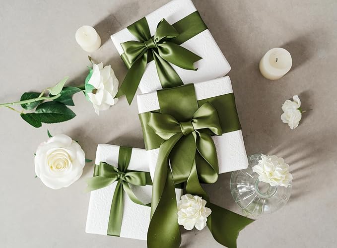 Moss Green 2.5 Inch Double-Faced Satin Ribbon 25 Yards for Gift Wrapping Crafts Flower Bouquet Invitations Holiday Decorating