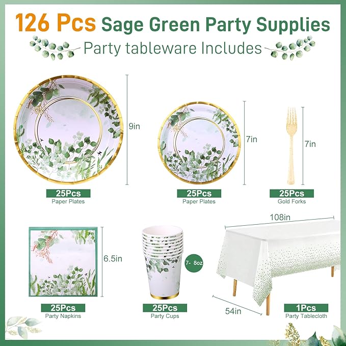Sage Green Party Decoration, 126PCS Sage-Green Plates and Napkins Party Supplies, Spring Greenery Eucalyptus Leaves Disposable Dinnerware Decor for Wedding Birthday Baby Shower