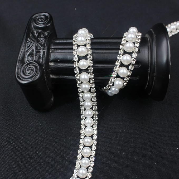 PEARLY JUN 1 Yard Pearl Rhinestone Trim Chain Silver Crystal Fringe Diamond Applique Ribbon String Tassel Strip (Silver-150, 2 Yards)