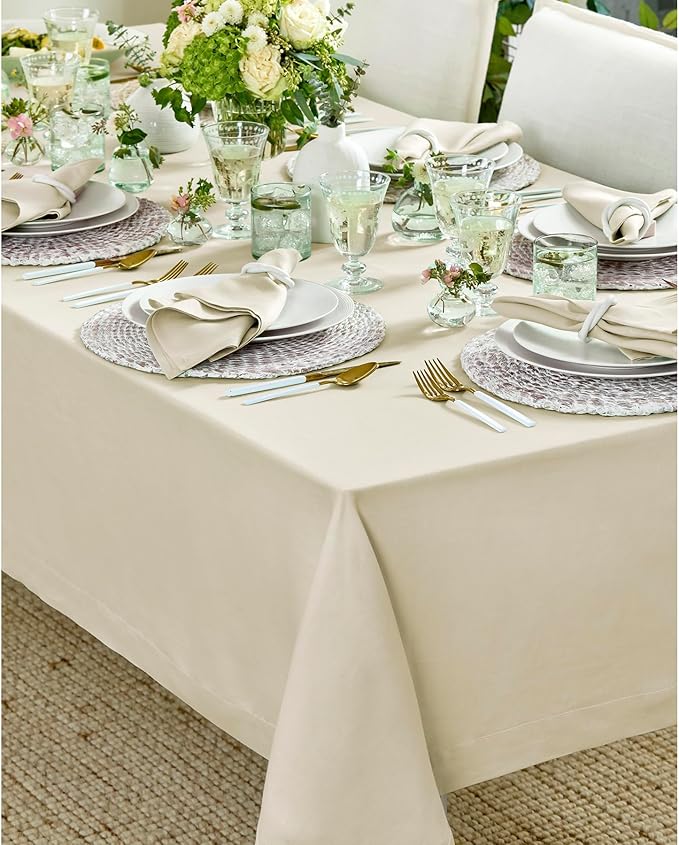 Solino Home Linen Tablecloth 52 x 52 Inch - 100% Pure Linen Birch Square Tablecloth - Fete, Machine Washable Table Throw for Fall, Autumn, Thanksgiving