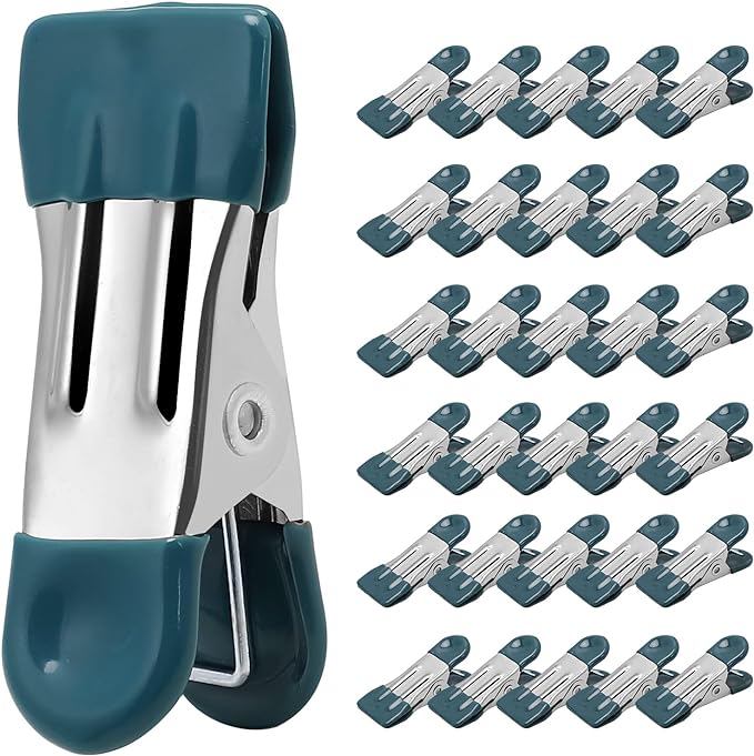 Clothes Pins Heavy Duty 30 Pack - 2.17 Inch Metal Chip Clips, Clothespins for Photo Drying Clothesline Laundry Sock, Bag Clips for Food Kitchen Stainless Steel with Rubber, Dark Green