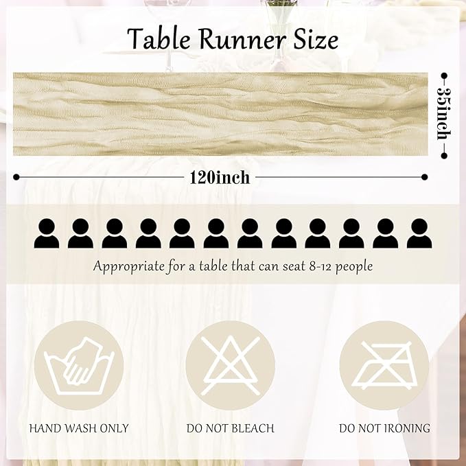 6-Pack Beige Cheesecloth Table Runners – 10FT (35x120 Inch) Boho Rustic Gauze Fabric Cheese Cloth Table Runner for Weddings, Baby Showers, Bridal Shower, Farmhouse & Birthday Party Decor