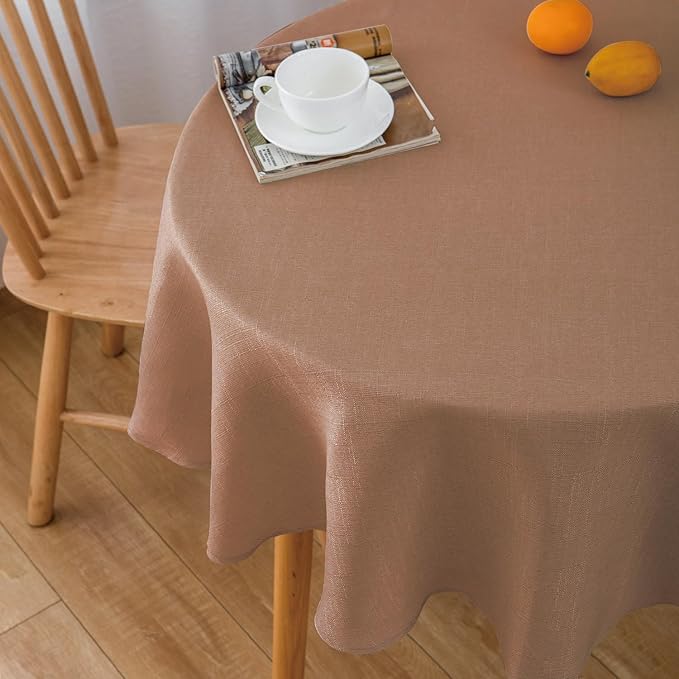NLMUVW 48 Inch Round Linen Tablecloth, Mocha Table Cloth Farmhouse Water Resistant Rustic Table Cover for Kitchen Dining Coffee Cafe
