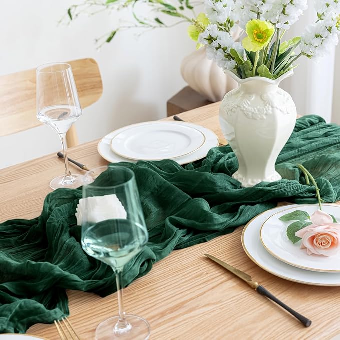 Asee'm 12PCS Table Runner Cheesecloth 10FT Emerald Green Boho Gauze Fabric Rustic Sheer Cheese Cloth Runners for Wedding Bridal Shower Party