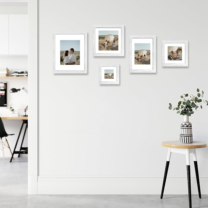 6x6 Picture Frame Set of 4 with High Definition Glass, Distressed White Frames Display 4x4 Picture with Mat or 6 x 6 Without Mat, Wood Square Photo Frame for Wall Mount and Tabletop Display