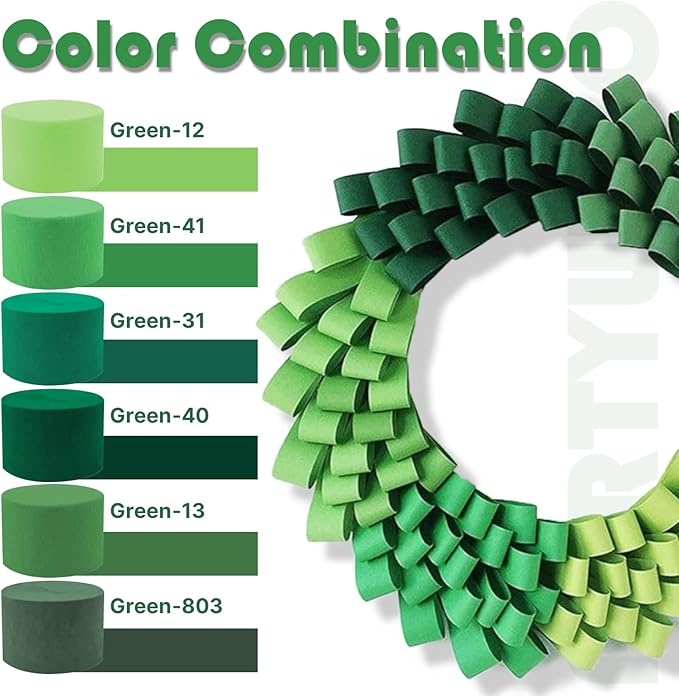 PartyWoo Dark Green Crepe Paper Streamers 4pcs 328ft Pack of Emerald Forest Hunter Green Crepe Paper Streamers for Birthday Baby Shower Woodland Dinosaur Jungle Football Theme Party Decorations