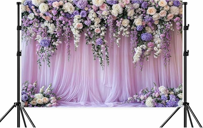 5x4ft Purple Lavender Floral Bridal Backdrop Wedding Flower Photography Backdrop for Girl Portrait Baby Shower Birthday Party Decor Banner Mother's Day Party Wall Backdrop Studio Photo Backgrounds