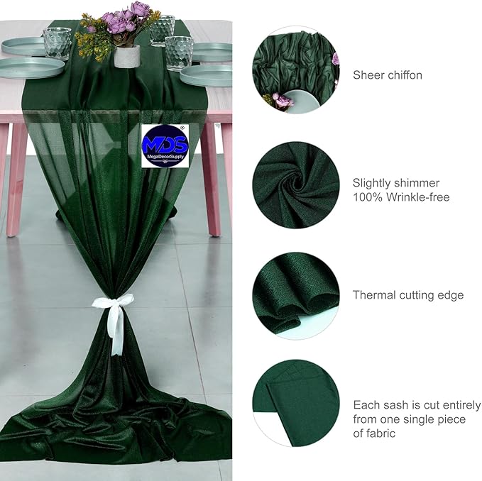 MDS 25 Pack 10ft Chiffon Table Runner 29 x 120 Inches Sheer Wedding Runner Romantic Rustic Table Runner for Wedding Decorations, Birthday Parties, Bridal Shower Party Arch Decor - Hunter Green