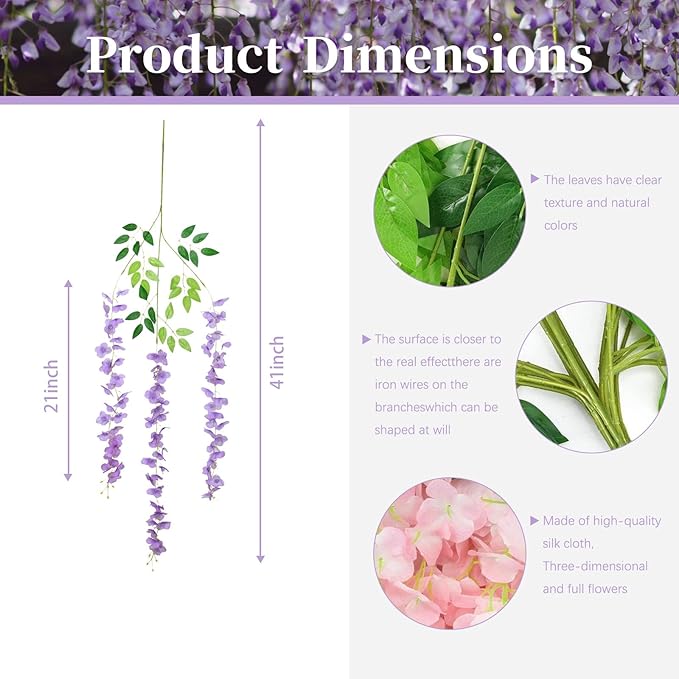 36 Pack Light Purple Wisteria Hanging Flowers, 3.44 Ft Fake Hanging Flowers, Artificial Wisteria Garland Vines for Wedding Room Backdrop Outdoor Patio Garden Decoration