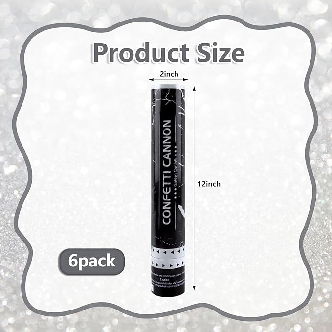 6 Pack Silver Confetti Poppers, 12 Inch Confetti Cannon Party Poppers Shooters for Birthday, Wedding, Graduation, Anniversary, Parties, Christmas, New Year's Eve