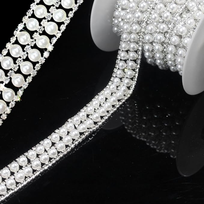 PEARLY JUN 1 Yard Pearl Rhinestone Trim Chain Silver Crystal Fringe Diamond Applique Ribbon String Tassel Strip for Sewing Wedding Dress Crafting Crafts Flower Embellishments