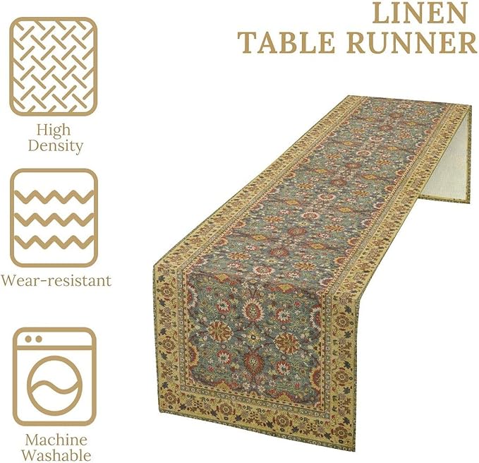Boho Floral Vintage Beige Blue Table Runner, Retro Flower Rustic Country Farmhouse Abstract Pattern for Home Kitchen Table Decor Dining Coffee Room Party Decor 13x60in