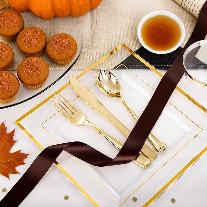 Festiva 350Pcs Clear Plastic Plates with Gold rim - Clear Gold Disposable Dinnerware for 50 Guests include 100 Square Plastic Plates 50Cups 50Cutlery 50Napkins Perfect for Thanksgiving Party&Wedding