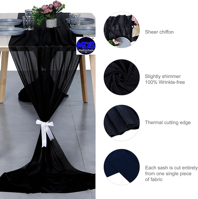 MDS 15 Pack 10ft Chiffon Table Runner 29 x 120 Inches Sheer Wedding Runner Romantic Rustic Table Runner for Wedding Decorations, Birthday Parties, Bridal Shower Party Arch Decor - Black