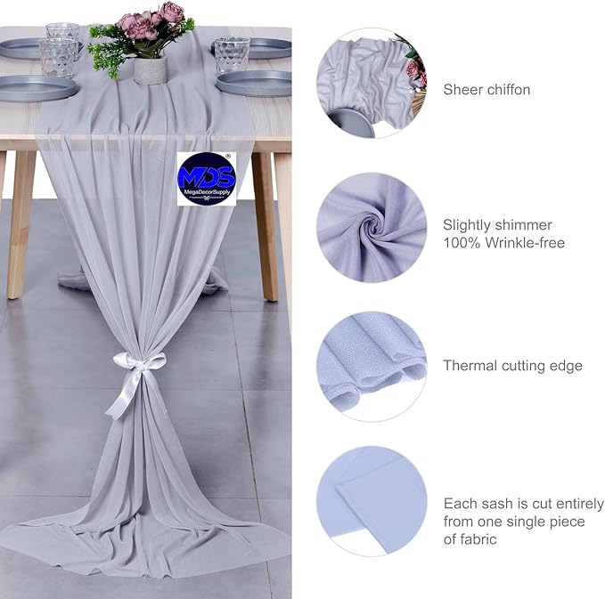 MDS 25 Pack 10ft Chiffon Table Runner 29 x 120 Inches Sheer Wedding Runner Romantic Rustic Table Runner for Wedding Decorations, Birthday Parties, Bridal Shower Party Arch Decor - Cool Gray