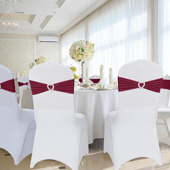 Howhic Pack of 30 Spandex Chair Sashes Bows Stretch Chair Cover Band with Buckle Slider Universal Elastic Chair Ties for Wedding Banquet Party Event Decoration (Burgundy)