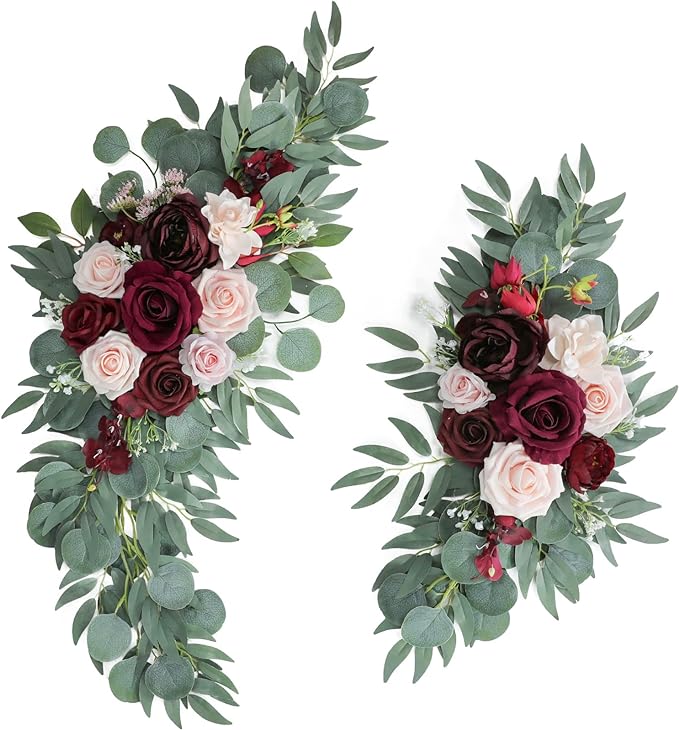 ponatia Wedding Arch Flowers (Pack of 2), Artificial Burgundy Wedding Flowers for Wedding Welcome Signs Decorations and Arch Flower for Wedding Ceremony Reception (Burgundy & Blush)