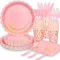 175 Pink Rose Gold Plates Napkins Party Decorations, Pink and Gold Disposable Party Supplies, Plastic Forks Knives Spoons Rose, Golden Dot Paper 9 Inch for Baby Shower Birthday, Severs 25