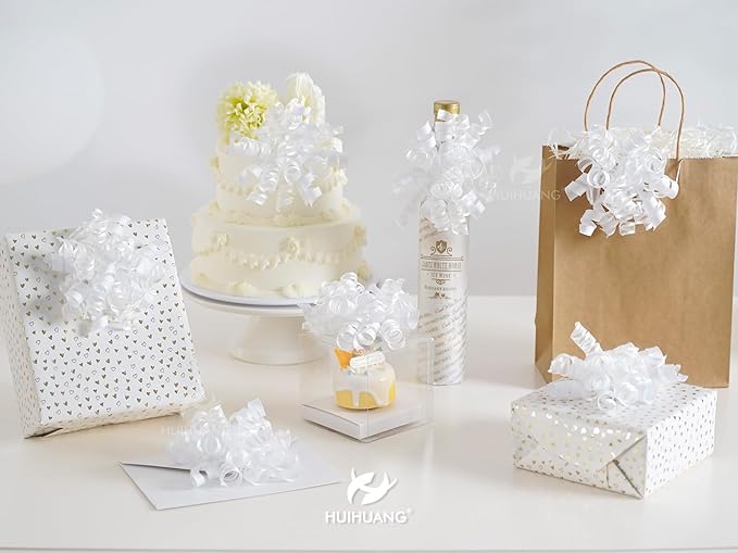 HUIHUANG White Bows for Gift Wrapping Christmas Gift Bows 5 inch x 8 Counts Self-Adhesive Curly Ribbon Bow for Presents, Paper Bag, Party Favors, Wrapping Accessories, Wedding Decor
