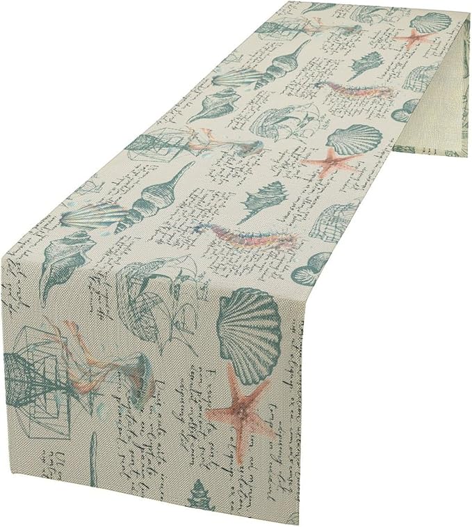 Starfish Table Runner,Seashells Beach Coastal Nautical Sailboat Jellyfish Vintage Hand Drawn Burlap for Hotel Indoors Outdoor Dining Room Kitchen Table Decor, 13x90in