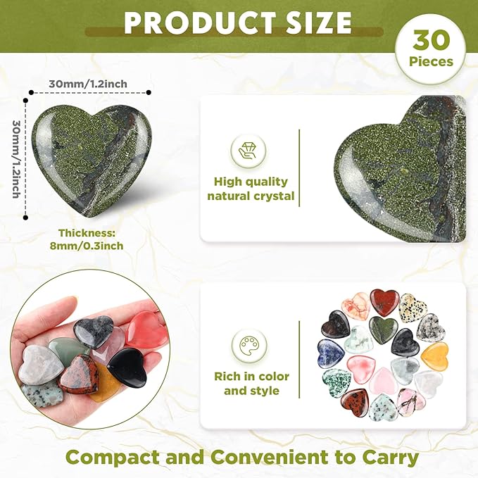 Nuenen 30 Pcs Heart Shape Crystals Bulk 1.2 Inch Gemstone Heart Worry Stone Love Rocks Quartz Wholesale Love Pocket Palm for Christmas Stress Relief Witchcraft Women Gift (Classic Color)