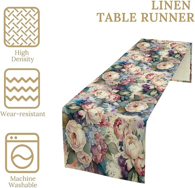 Vintage Floral Table Runner,Girls Women Rose Romantic Leaf Botanical Watercolor Pattern Print Burlap for Hotel Indoors Outdoor Dining Room Kitchen Holiday Party, 13x90in