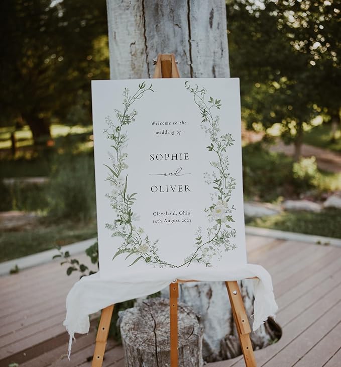 Welcome Wedding Sign Personalized, White And Green Floral Wedding Sign Decorations Signage 12" X 18" (Small), 27" (Medium), 36" (Large), Plastic, Modern, Pole Mount, Weather